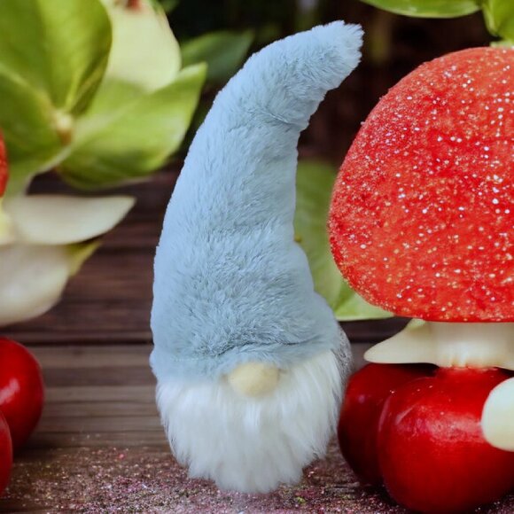 Large 13โ Plush Gnome Decor Light Blue Hat Faux Fur Beard Weighted Shelf Figure - Picture 3 of 5